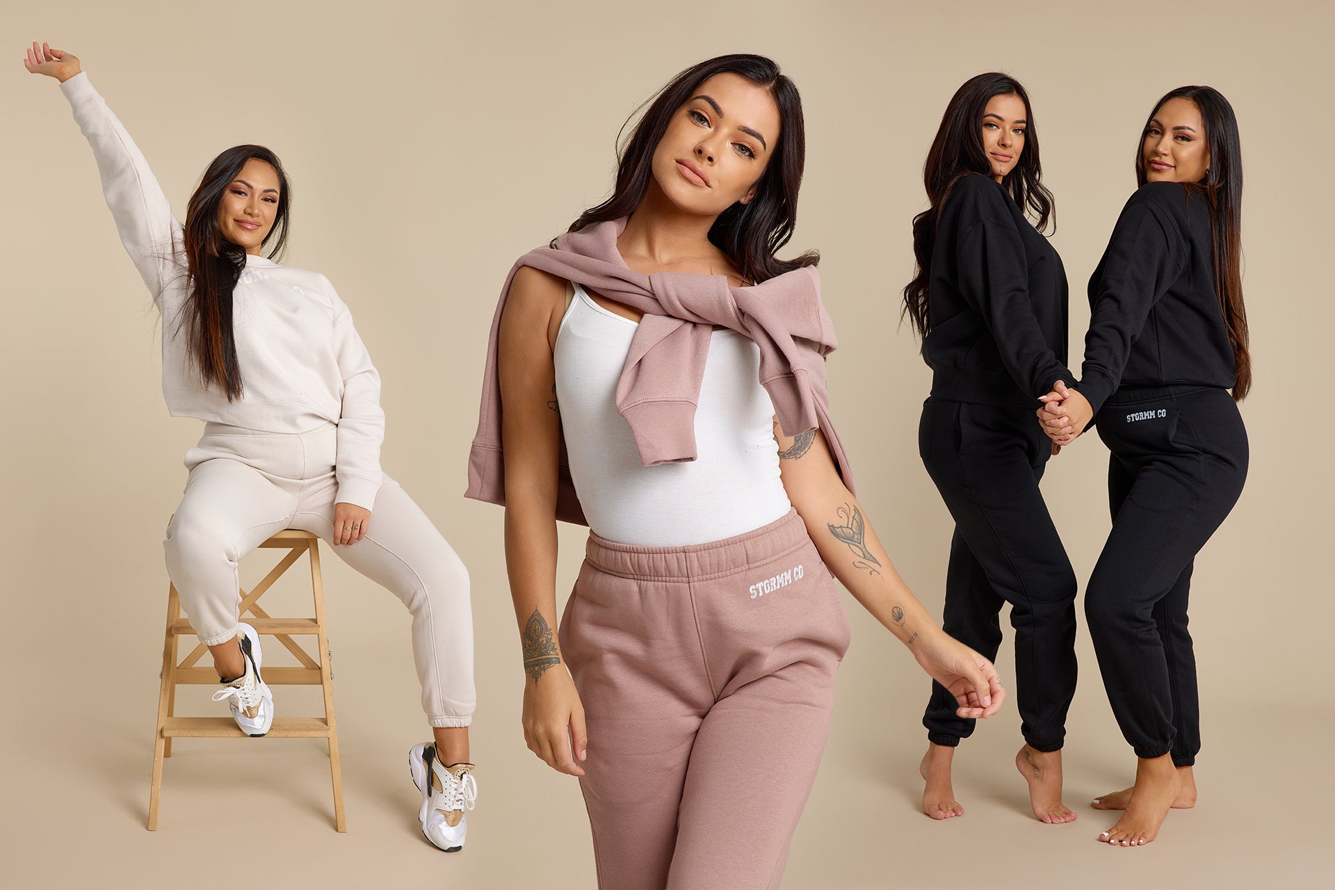 Image banner featuring the new Soft Touch Collection from Stormm Co, showcasing the Creamy Tan, Midnight Ebony, and Cocoa Blush tracksuits