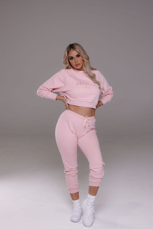 Cropped jumper in pink from Stormm Co's Hues of Happiness collection, made from soft French terry cotton, relaxed fit, and embroidered unique design.