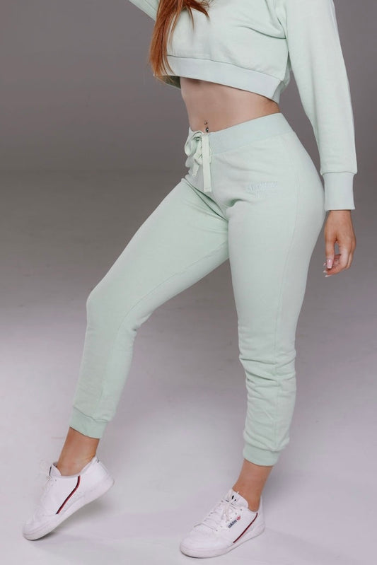 Cropped track pants in mint from Stormm Co's Hues of Happiness collection, made from high-quality French terry cotton