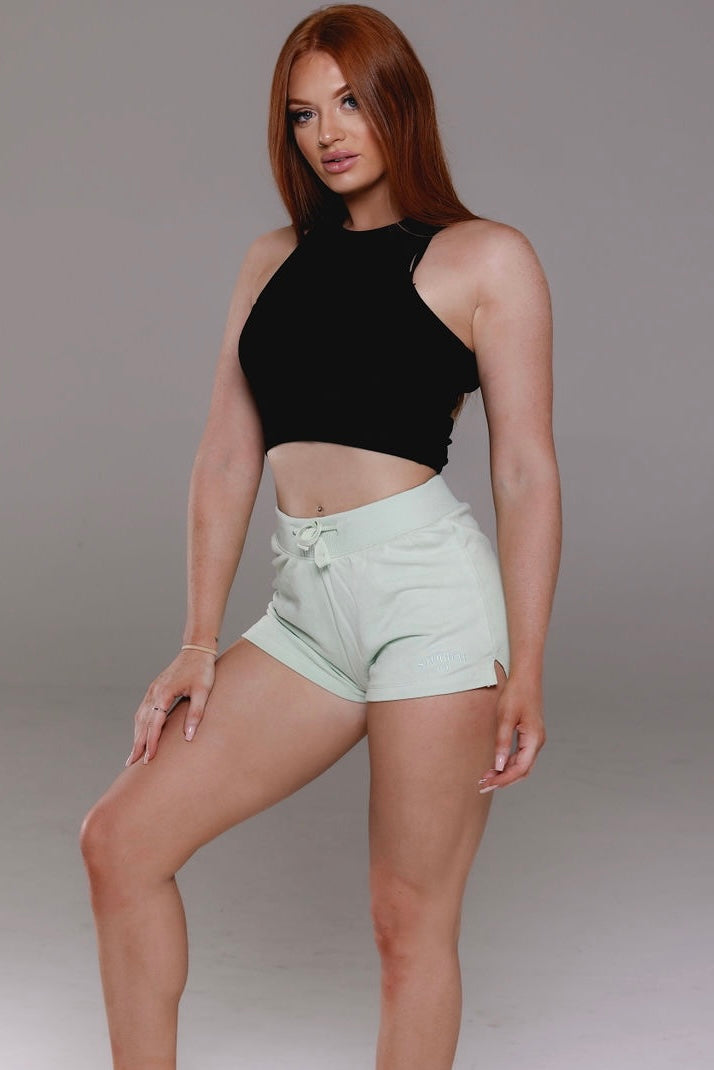 Short shorts in mint from Stormm Co's Hues of Happiness collection, made from soft, lightweight French terry cotton, drawstring waist, and comfortable.